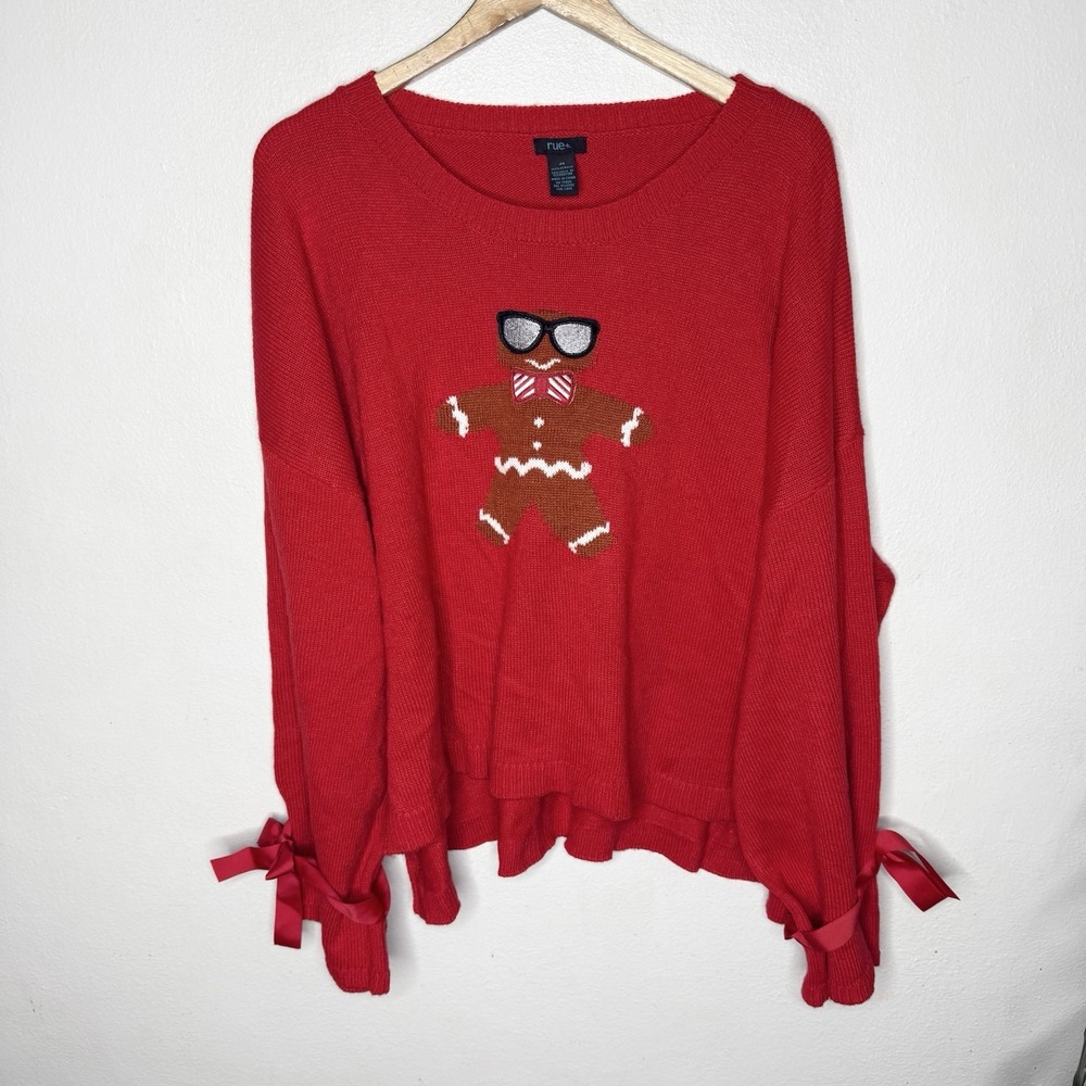 Rue Plus Red Gingerbread Man‎ Christmas Holiday Sweater Women's 2X Tie Sleeve
